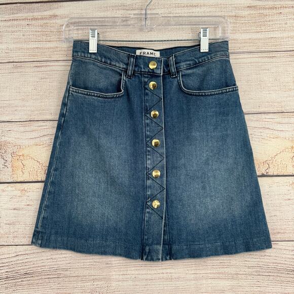 FRAME Dresses & Skirts - FRAME Snap Front Denim Mini Skirt Womens 25 Blue Medium Wash Denim